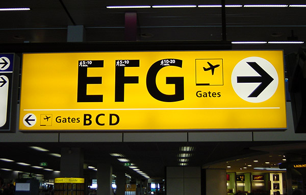 Gates sign in Departures area